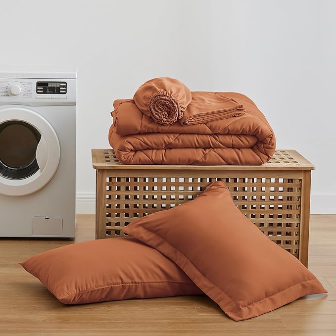 Love's cabin Twin Comforter Set Terracotta, 5 Pieces Twin Bed in a Bag, All Season Bedding Sets with 1 Comforter, 1 Flat Sheet, 1 Fitted Sheet, 1 Pillowcase and 1 Pillow Sham