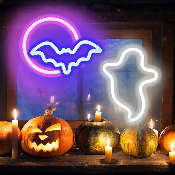 BRIGHTDECK 2 Pack Halloween Neon Signs, White Ghost, Blue Bat Full Moon Neon Lights Decorations, USB/Battery Powered Led Neon Sign for Halloween Wall Decor, Bedroom, Kids Gift, Bar, Party(Full Moon)