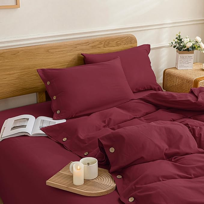 JELLYMONI Cotton Duvet Cover Full Size - Burgundy Comforter Cover with Button 100% Washed Cotton 3PCS Breathable Soft Solid Bedding Set Duvet Cover 80×90in & 2 Pillowcases (NO Comforter)