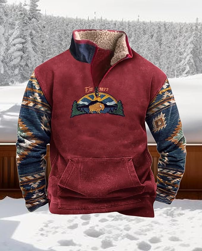Western Sweatshirts for Men Aztec Cowboy Vintage Graphic Fleece Hoodie Mens Quarter Zip Pullover Country Jacket