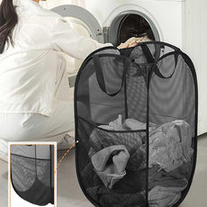 2 Pack Durable Collapsible Laundry Baskets - Reinforced Mesh Pop Up Laundry Hamper with Pocket, Foldable Dirty Clothes Hamper with Carry Handles for Laundry, Bathroom, Kids Room, Dorm or Travel Black
