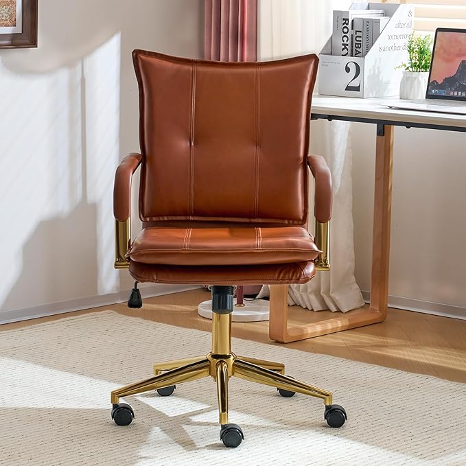 MOJAY Mid-Back Ergonomic Leather Office Chair, Modern Upholstered Executive Desk Chair with Gold Frame Armrest Computer Task Chair (Caramel)