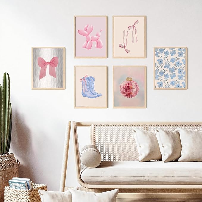 Blue and Pink Preppy Poster Set of 6 Cute Coquette Bow Boots Wall Art Aesthetic Coastal Wall Art, Trendy Girls Dorm Decor Cute Pink Bows Wall Decor for Bedroom Living Room Unframed 12x16 Inch