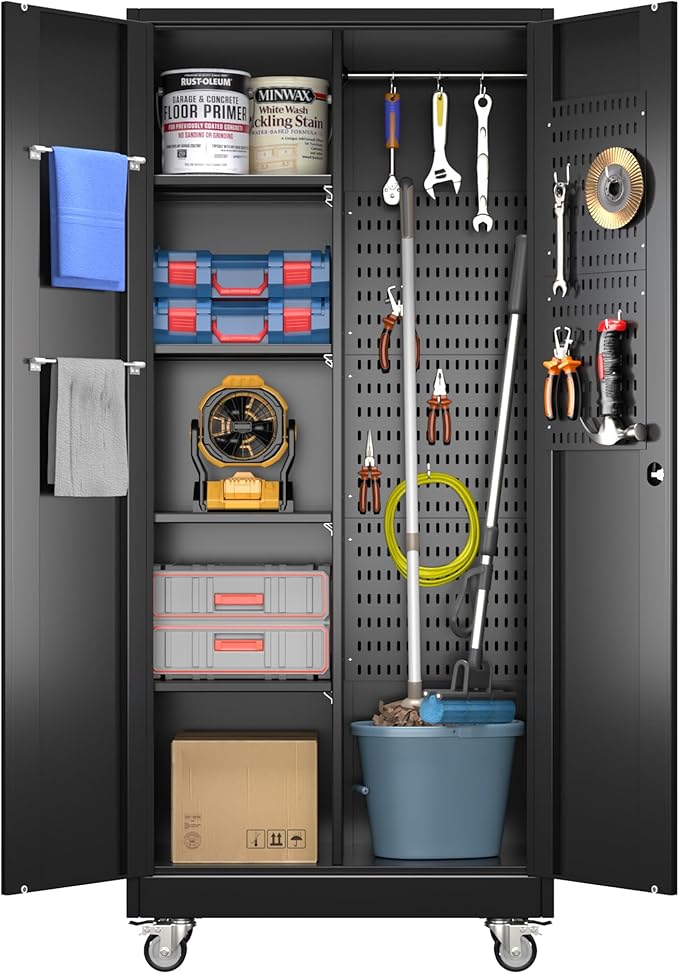 SUXXAN Broom Closet Storage Cabinet with Wheels 71.4"x 31.5"x15.7", Metal Cleaning Cabinets with Hooks and Hanging Rods, Lockable Cabinet with Pegboard, Adjustable Shelf,for Garage, Laundry Room