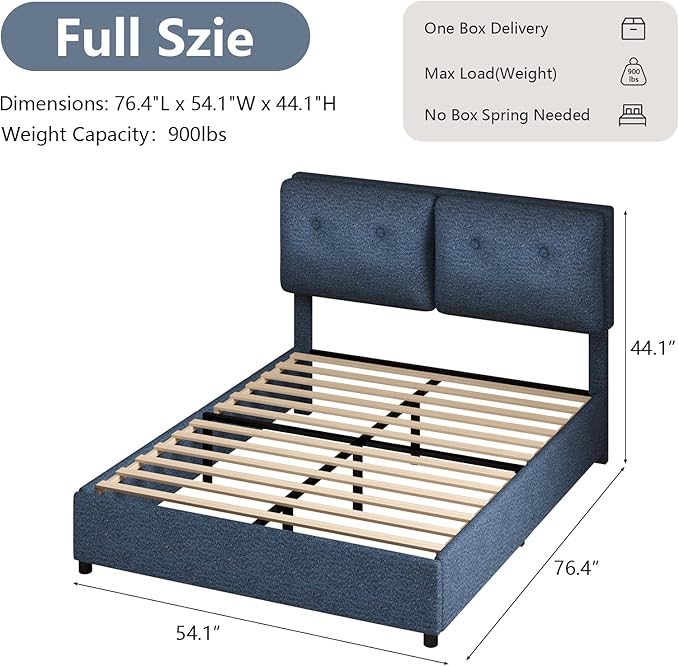 Full Size Bed Frame with Headboard, Cloud Boucle Upholstered Bed Frame, Modern Soft Style, Adjustable Headboard, No Box Spring Needed, Easy Assembly, Blue