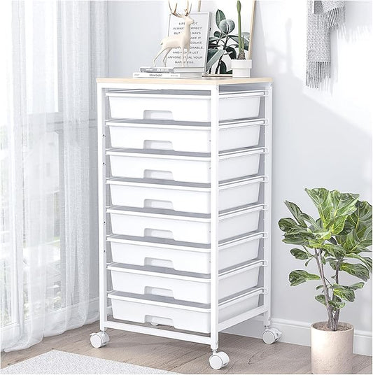 Rolling Storage Cart with Drawers,Utility Cart With 8 Drawers and Wooden Tabletop,Rolling Drawer Cart,Storage Drawer Cart for Living Room,Classroom,Bedroom,Bathroom,Dorm,Office,White