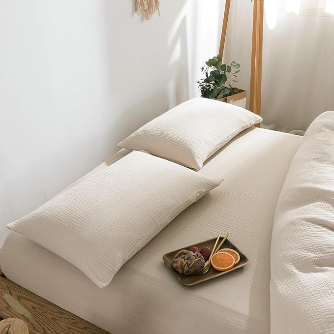 VM VOUGEMARKET 100% Cotton Muslin Duvet Cover King Size 3-Layer Guaze Textured Off-White Bedding Set,Ultra Soft Breathable Textured Linen Like Comforter Cover with Zipper&Ties-Oatmeal