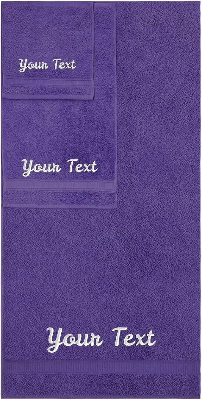 Personalized Towels, Hotel & Spa Quality, Super Soft, Highly Absorbent, Bathroom Sets, 100% Cotton Monogrammed towels 3 Piece Towel Set, Includes 1 Bath Towels, 1 Hand Towels, 1 Washcloths, Purple