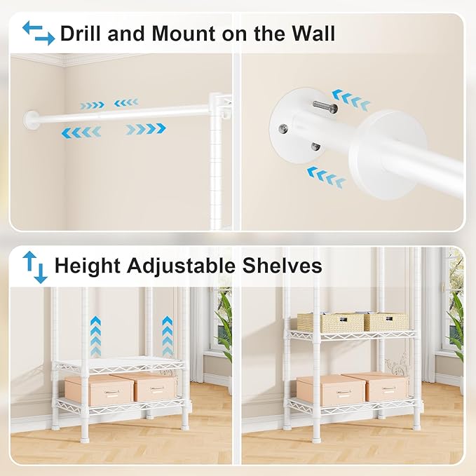 Ulif M2 Wall Mounted Closet System, Clothes Rack Mounted onto the Wall with 4 Expandable Hanger Rods and 5 Metal Shelves, Clothing Organizer Storage in (70.8-102.3)" L x 14.5" D x 71.2" H, White