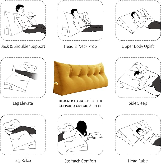 Headboard Wedge Pillow Large Bolster Reading Pillows for Sitting in Bed Adult， Velvet Triangular Cushion Backrest Lumbar Back Support Upholstered Daybed Sit Up Book Pillows（Yellow, King）