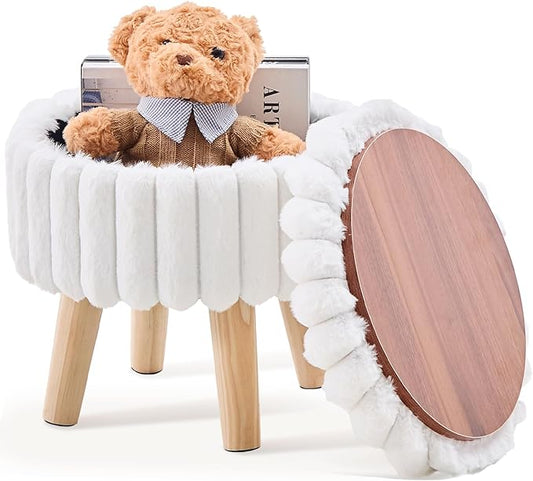 Wimarsbon Storage Ottoman,Soft Faux Fur Footstool with Padded Seat, Small Reading Vanity Chair, Footrest with Wood Tray for Couch, Mini Coffee Table or Display Stand (Cream, Round Storage)