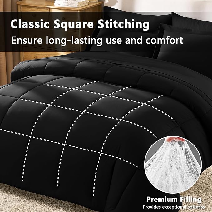 CozyLux Twin XL Comforter Set Black - 5 Pieces Twin XL Bed in a Bag Set, Soft Bedding Sets Bed Set Extra Long for All Season with Comforter, Flat Sheets, Fitted Sheet, Pillowcase &Pillow Sham