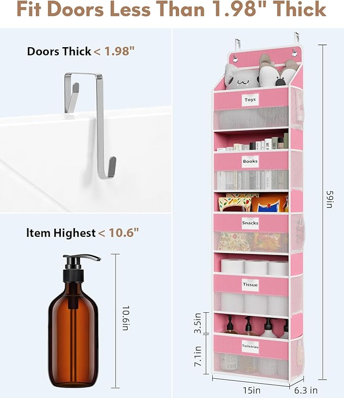 Over The Door Organizer Hanging, 2 Pack 5 Shelf Behind The Doors Storage, Pantry Door Organizer, Closet Organizers for Bedroom and Nursery (Pink)