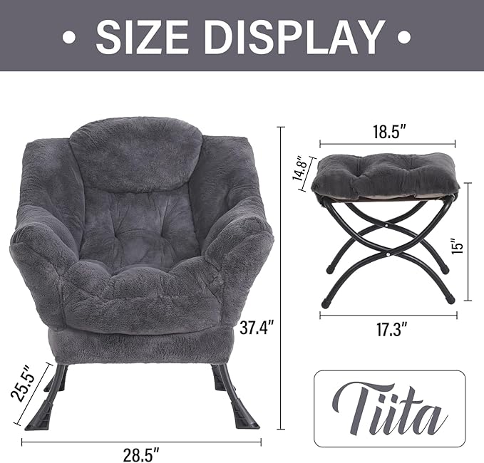 Tiita Lazy Chair with Ottoman, Modern Large Accent Lounge Chair, Leisure Sofa Armchair with Ottoman, Reading Chair with Footrest for Bedroom, Living Room, Dorm Rooms, Garden and Courtyard