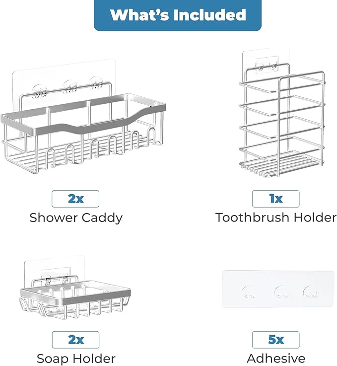 Fab Glass and Mirror 5-Pack Shower Caddy, Chrome- Shower Organizer & Shelves for Efficient Storage, Bathroom Caddy for Wall Organizer, Durable Showers Wall Caddy