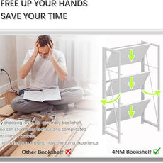 4NM No Assembly Folding Bookshelf Storage Shelves 3 Tiers Vintage Bookcase Standing Racks Study Organizer Home Office (All White)