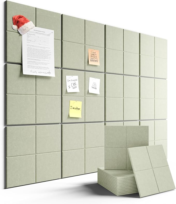 Large Felt Bulletin Board 48" x 36", 12-Pack 4-Compartment Wall Organizer, Cork Board Alternative with 70 Removable Adhesive Tabs, Modular Felt Panels for Home Office, Classroom and Study-Sage