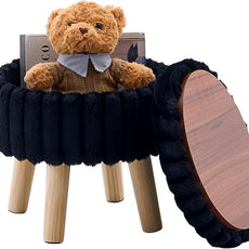 Wimarsbon Storage Ottoman,Soft Faux Fur Footstool with Padded Seat, Small Reading Vanity Chair, Footrest with Wood Tray for Couch, Mini Coffee Table or Display Stand (Black, Round Storage)
