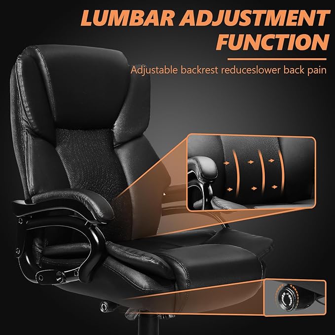 500lbs Big and Tall Office Chair with Dual Rubber Wheel, Heavy Duty Office Chair for Low Back Pain Relief, Large Executive Desk Chair with Adjustable Lumbar Support