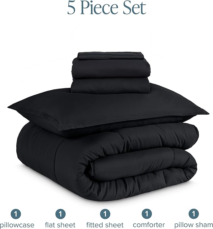 Bare Home Bed-in-A-Bag 5 Piece Comforter & Sheet Set - Twin - Goose Down Alternative - Ultra-Soft 1800 Premium Bed Set (Twin, Black/Black)
