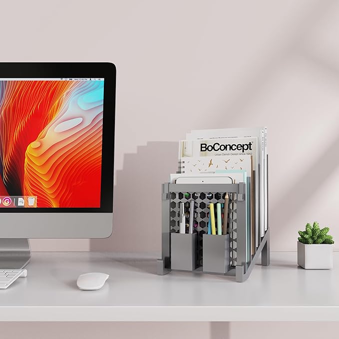 File Organizer for Desk with Storage Box & Hook, Inclined File Organizer with 5-Section Vertical File Holder suitable for Home Office Document Organization (Desk Gray)