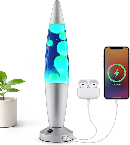 JAMBO Beautiful Liquid Lamp with USB Ports, 16" Motion Light with Blue Liquid Yellow Wax, Relaxing Nightlight, Mood Light for Bedroom, Living Room, Office - Adults, Teens, Kids