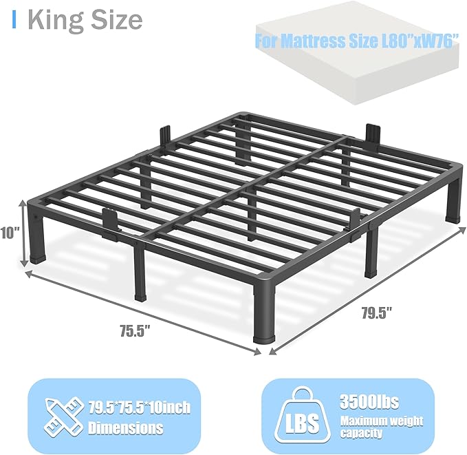 10 inch King Size Bed Frame with Round Corner Legs Mattress Slide Stopper,Low Profile Heavy Duty Metal Platform,Steel Slat Support,No Box Spring Needed,Easy Assembly,Noise Free