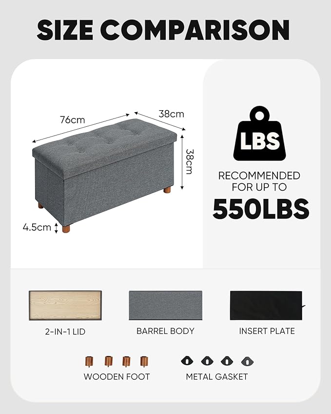 B FSOBEIIALEO Storage Ottoman with Tray, Foot Stools and Ottomans with Legs, Storage Cube Seat Linen Grey 30"
