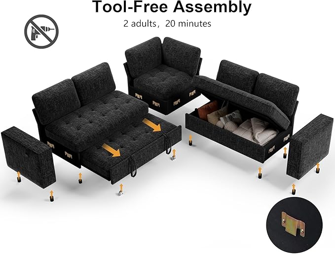 WEUP 5 Seat L Shaped Sectional Sleeper Sofa Bed with Pull Out Bed, Chenille Sectional Sleeper Couch with Adjustable Backrest, USB Ports & Storage Seat, Tool-Free Assembly, Chenille Black