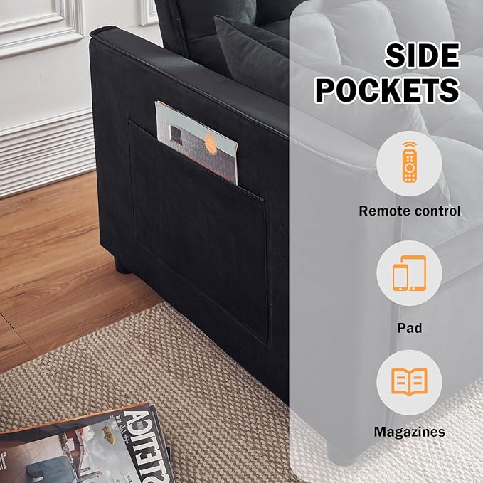 Sleeper Sofa Bed, 3-in-1 Velvet Pull Out Couch with Armrests, Storage Pockets and 2 Pillows, Adjustable Backrest, Pull Out Sofa Bed Couch for Living Room, Bedroom(Black)