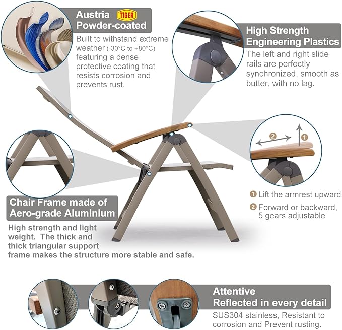 Adjustable Folding Chair, Indoor Bedroom, Outdoor Balcony, Patio, Courtyard Swimming Pool, Porch, for Comfortable Foldable Lounge Chair, Portable Cozy Recliner, Metal Frame