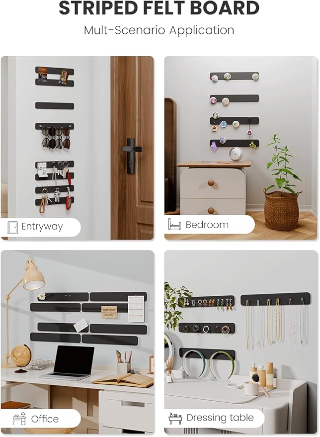 Cork Board Alternative Felt Strip Board 8-Pack 13"x2", Office Pin Board with 50 Push Pins, Adhesive Install for Bedroom Door & Home Office(Black)