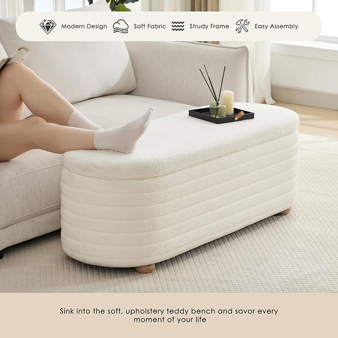 53" Storage Bench Teddy Ottoman Bench Upholstered Fabric Bench End of Bed Stool with Safety Hinge for Bedroom, Living Room, Entryway, White