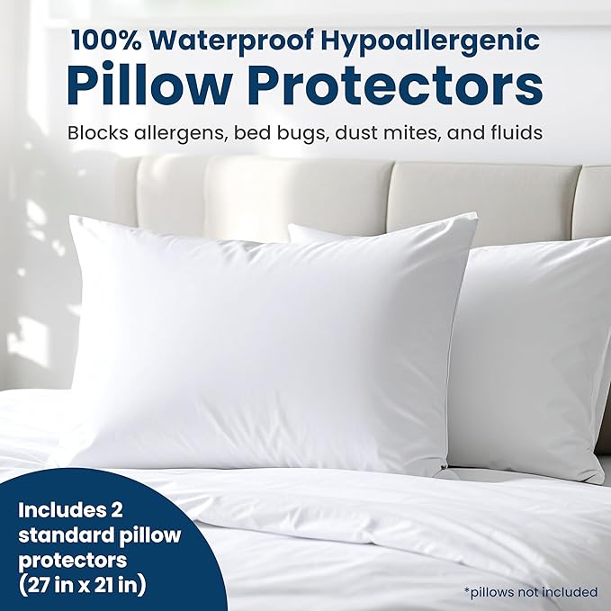 100% Stain Resistant & Waterproof Standard Size Pillow Protectors with Zipper Set of 2 - Bed Bug & Dust Mite Proof White Pillowcases - Breathable, Comfortable Covers for Pillows, 21 x 27 Inches
