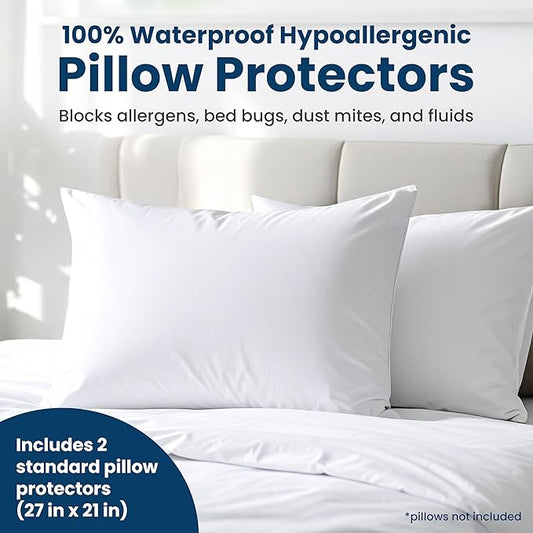 100% Stain Resistant & Waterproof Standard Size Pillow Protectors with Zipper Set of 2 - Bed Bug & Dust Mite Proof White Pillowcases - Breathable, Comfortable Covers for Pillows, 21 x 27 Inches
