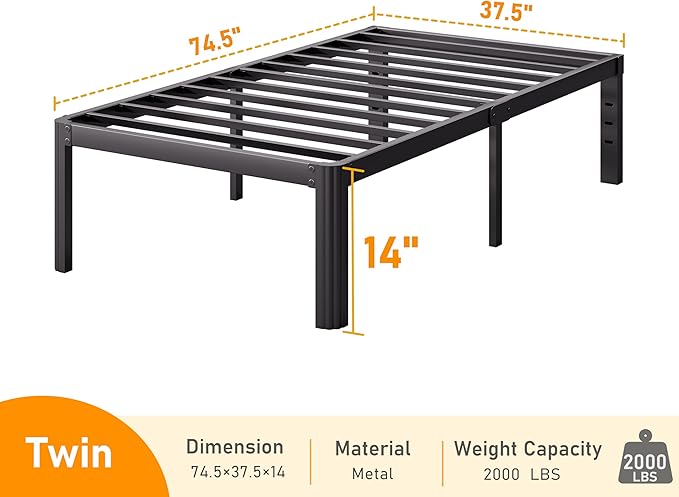 Askeld Twin Bed Frames, 14 Inch High Metal Platform Bed with Round Corner Leg, No Box Spring Needed, Heavy Duty Noise-Free Bed Base, Easy Assembly, Black