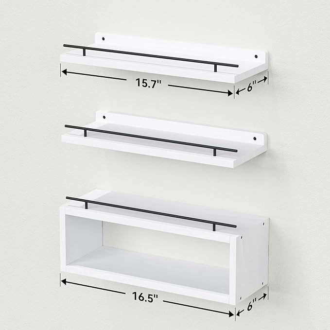 WOPITUES Floating Shelves for Wall with Cube Shelf, Wall Shelves with Metal Rail for Decor, Bathroom Organizers and Storage, Over Toilet Shelves for Bathroom, Toilet Paper-White