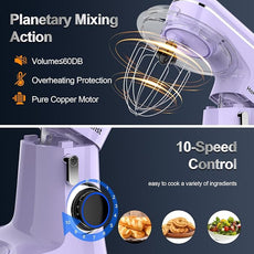 Stand Mixer, 6.5QT 10-Speed Tilt-Head Electric Stand Mixer, 3-In-1 Kitchen Mixer with Bowl, Dough Hook, Whisk and Beater, Food Mixer for Baking, Cake and Most Home Cooks, Purple