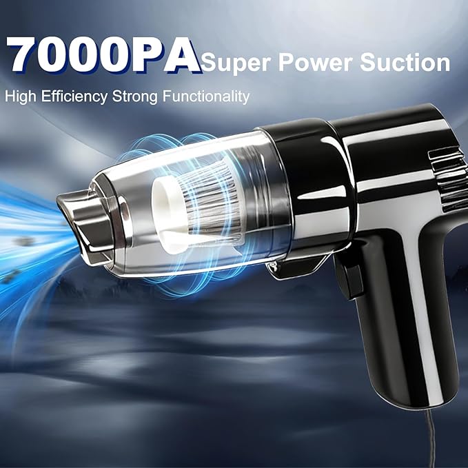Car Mounted Vacuum Cleaner - 7000PA High-Power Suction, Dry & Wet Dual-Purpose, Portable Mini Handheld Vacuum with LED Light & Attachments, Ideal for Car Interior, Pet Hair, Dust & Debris (Black)