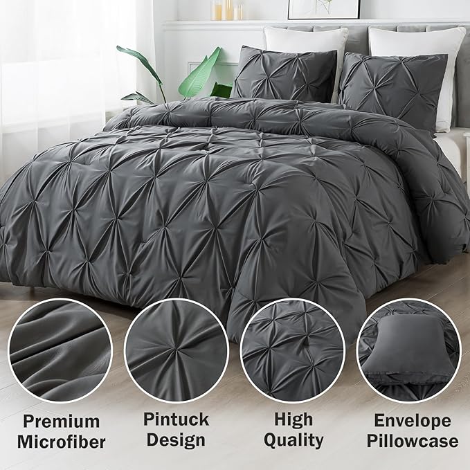 Andency Dark Grey Pinch Pleat Comforter Full(79x90Inch), 3 Pieces(1 Down Alternative Comforter and 2 Pillowcases) Grey Bed Set Microfiber Pintuck Bedding Set