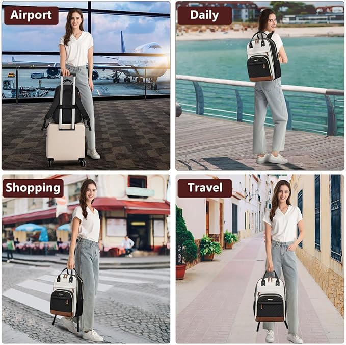 Laptop Backpack for Women Bag - 15.6 inch Work Travel Backpack with USB Charger College Bookbag Waterproof Business Computer Backpack Anti-theft Casual Backpacks for Nurse Teacher Beige Black Brown