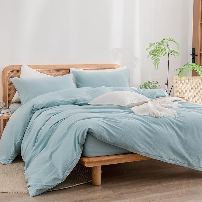 BESTOUCH Duvet Cover Set 100% Washed Cotton Linen Feel Super Soft Comfortable Chic Lightweight 3 PCs Home Bedding Set Solid Hushed Green Cal King