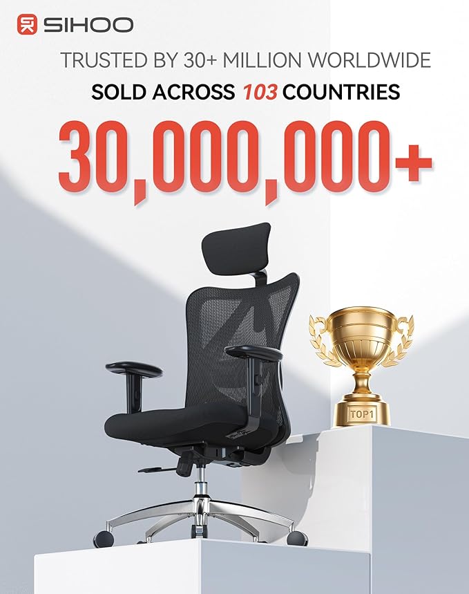 SIHOO M18 Ergonomic Office Chair, High Back Mesh Desk Chair with Adjustable Headrest & Lumbar Support, 330lbs Capacity Computer Chair with 2D Armrests & Wide Cushion, Tilt Lock, for Home Office-Black