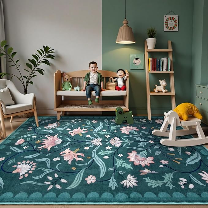 Lahome Boho Floral Washable Dark Teal 8x10 Area Rugs for Living Room, Non Slip Rugs for Bedroom, Ultra-Thin Indoor Throw Dining Room Carpet for Under Table Home Office Playroom(Dark Teal,8x10)