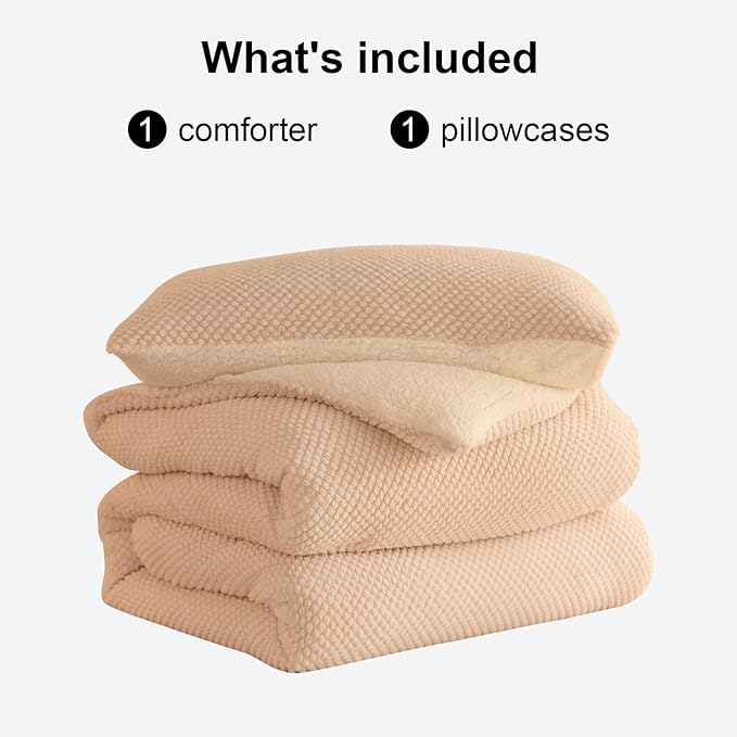 3D Jacquard Design Comforter Set, Ultra-Soft Warm Twin Size Sherpa Fur Plush 2-Pieces Sets Luxury Cozy Bedding with 1 Pillowcase (68"x90", Cream White)