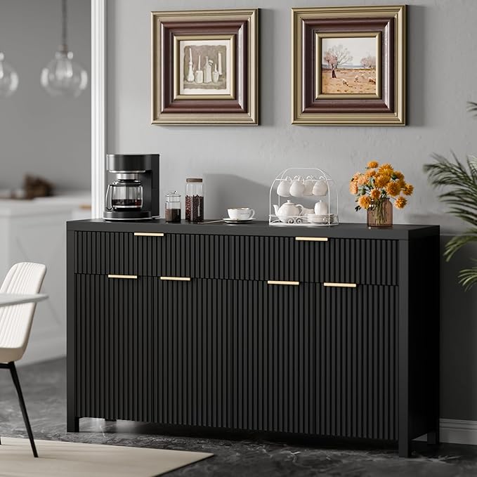 Lulive Black Fluted Buffet Cabinet with Storage 55 inch Wood Large Sideboard with Adjustable Shelves for Entryway Kitchen Living Room