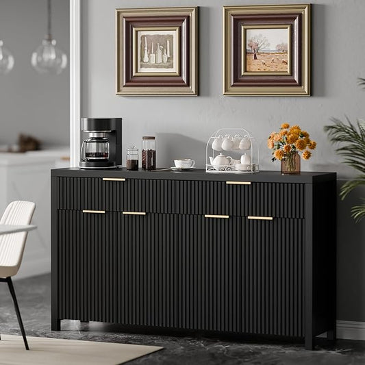 Lulive Black Fluted Buffet Cabinet with Storage 55 inch Wood Large Sideboard with Adjustable Shelves for Entryway Kitchen Living Room