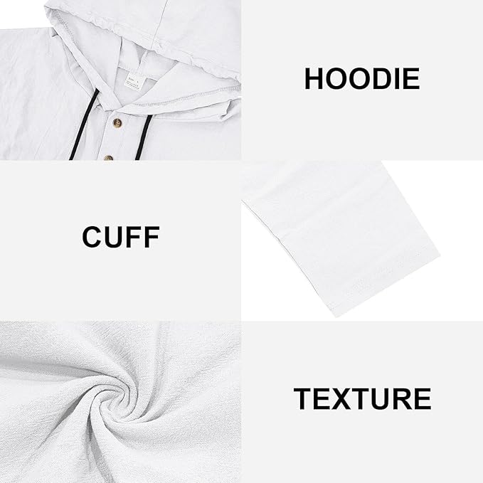 Men's Linen Blend Hoodie Long Sleeve Henley Pullover Sweatshirt Casual Loose Fit Top for Workout Beach Wear