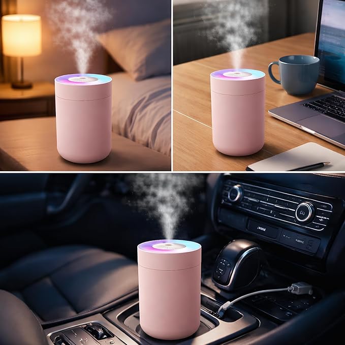 230ML Humidifier for Bedroom, Air Humidifier for Home, Plant Humidifiers Indoor Small with LED Colorful Gradient Light, USB Powered for Desk, Car, Travel, Hotel Room (Pink)