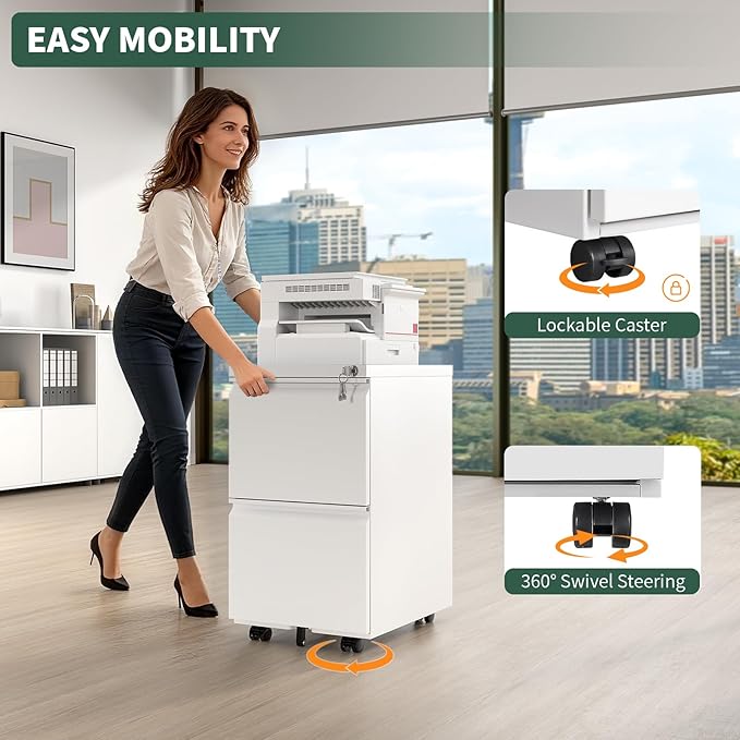 2 Drawer File Cabinet with Lock,Under Desk Rolling Small Filing Cabinet for Home Office Storage, Mobile Steel Cabinets with Wheels, Fully Assembled, White